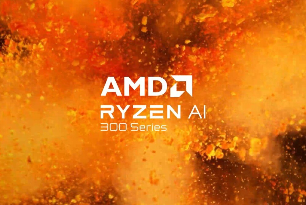 Komputer All in One ASUS ExpertCenter PM670KA-BPE012X Pomarańczowo-żółte tło przypominające wybuch pyłu z białym napisem 'AMD RYZEN AI 300 Series' umieszczonym w centralnej części, procesor, rdzenie, wydajność, AI