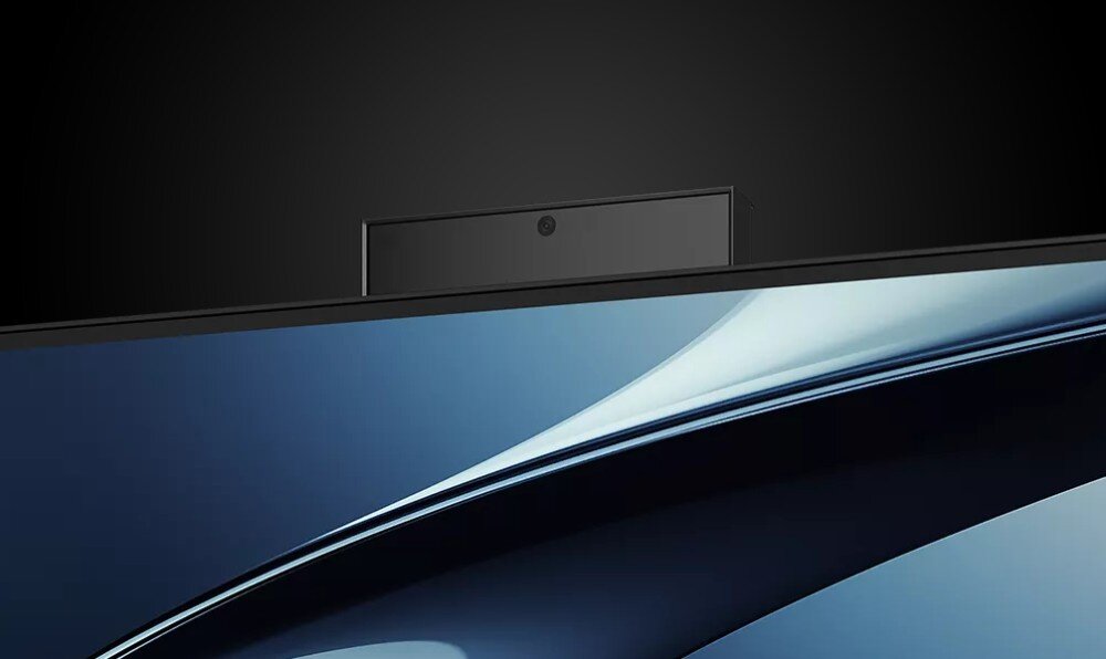 Komputer All in One ASUS ExpertCenter PM670KA-BPE012X Bliskie ujęcie górnej części czarnej obudowy monitora z wysuniętym modułem kamery internetowej wyposażonym w obiektyw, kamera, podczerwień, automatyczne blokowanie
