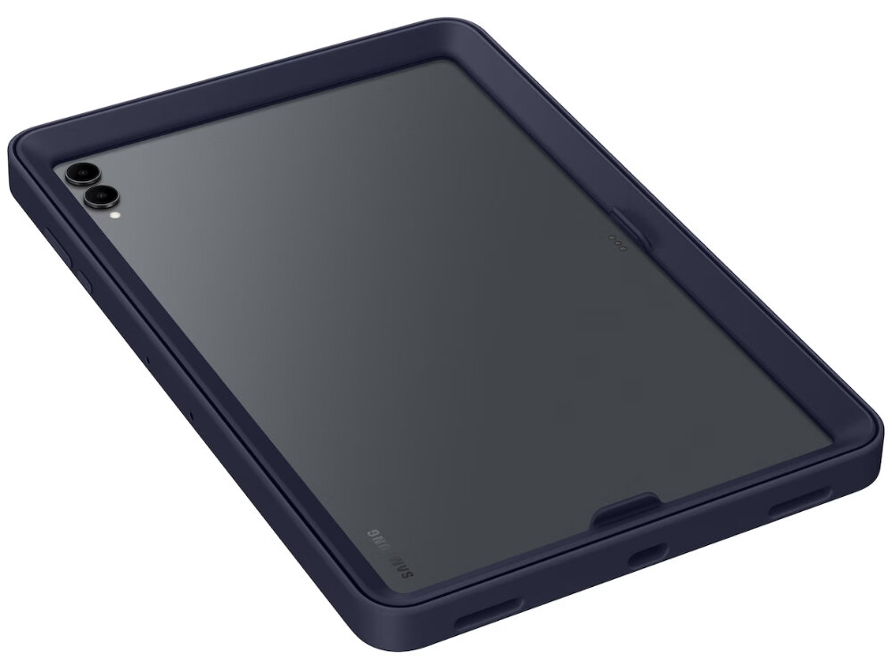 Granatowe etui na tablet z widocznymi wycięciami na przyciski i aparat. Na etui znajduje się napis \'SAMSUNG\'.