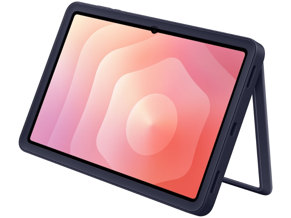 Tablet w granatowym etui ustawiony w pozycji stojącej. Na ekranie widoczny jest abstrakcyjny wzór w odcieniach różu i pomarańczu.