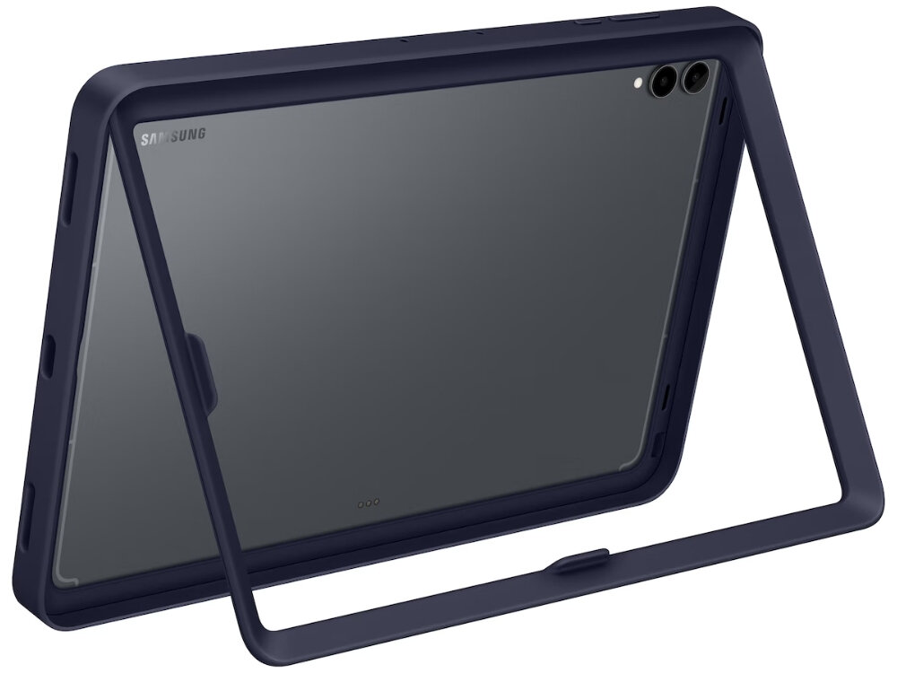 Granatowe etui na tablet z logo \'SAMSUNG\', ustawione w pozycji stojącej. Widać dwa otwory na aparat w górnym rogu.