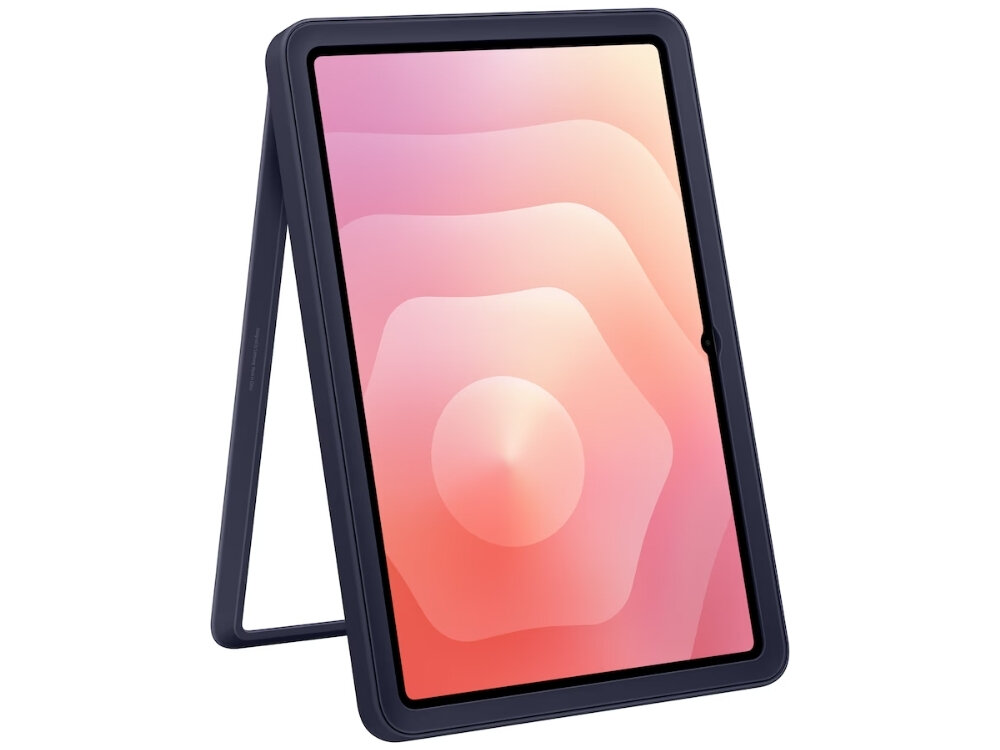 Granatowe etui na tablet ustawione w pozycji stojącej, z widocznym ekranem wyświetlającym abstrakcyjny wzór w odcieniach różu i pomarańczu.