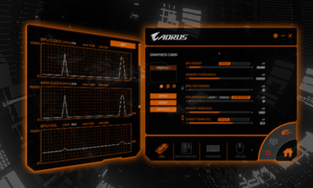 Interfejs oprogramowania z logo \'AORUS\' pokazuje wykresy i ustawienia karty graficznej. Widoczne są parametry takie jak GPU Clock, Memory Clock i GPU Voltage oraz przyciski do zmiany profilu i ustawień.