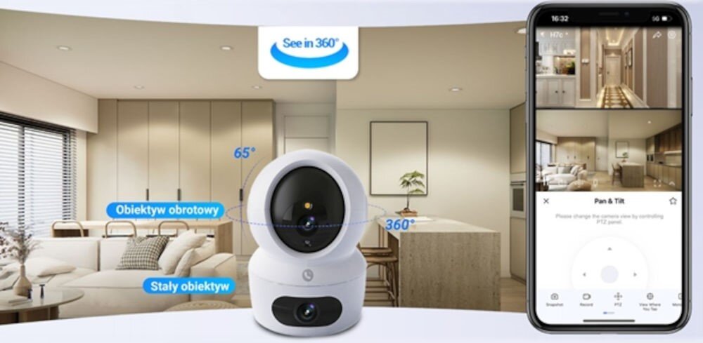 Kamera EZVIZ H7c Dual 2K+ - Śledzenie ruchu człowieka, nagranie, powiadomienia, kamera od frontu na tle salonu, obok smartfon