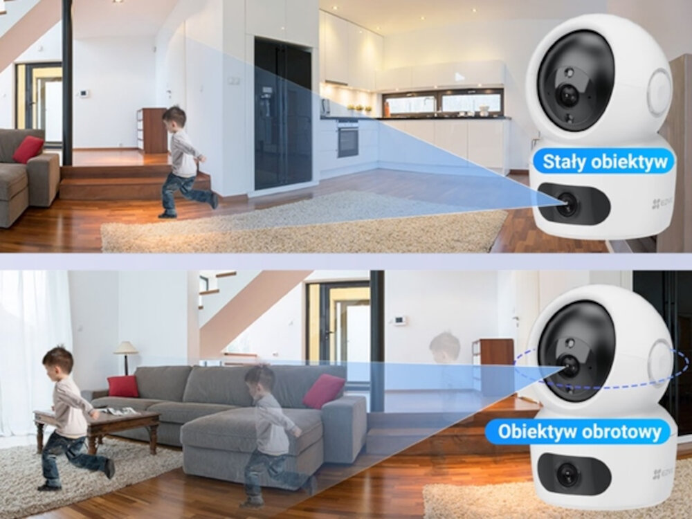 Kamera EZVIZ H7c Dual 2K+ - Zbliżenia na żądanie, dwa kadry z kamery, pełen widok, zbliżenie, poruszające się dziecko