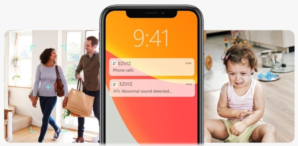 Kamera EZVIZ H7c Dual 2K+ - Szybki kontakt z bliskimi, smartfon z powiadomieniami, szybkie parowanie z urządzeniem, osoby wchodzące do domu, dziecko siedzące na podłodze