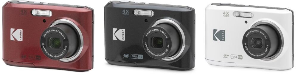 Trzy aparaty fotograficzne w kolorach czerwonym, czarnym i białym, każdy z logo \'KODAK\' oraz oznaczeniem \'4X WIDE\'.