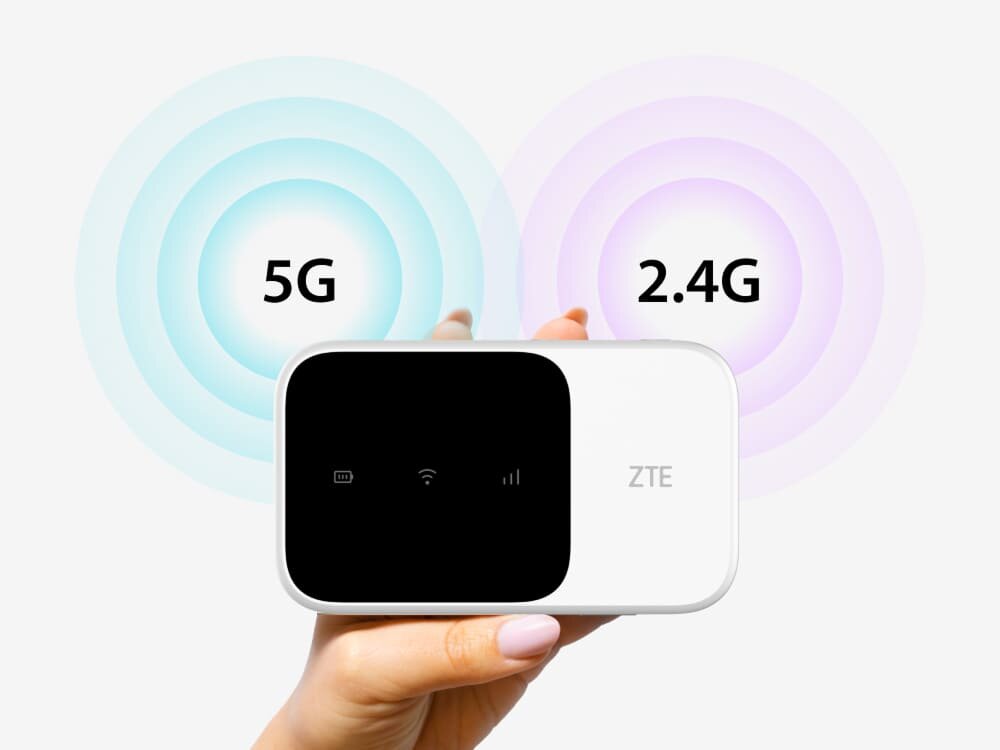 Router ZTE MF986C 4G LTE Dłoń trzyma router ZTE z czarnym ekranem wyświetlającym ikony sieci. Wokół urządzenia rozchodzą się pierścienie sygnału 5G i 2,4G, co obrazuje funkcję dwupasmowego Wi-Fi zapewniającego stabilne połączenie,