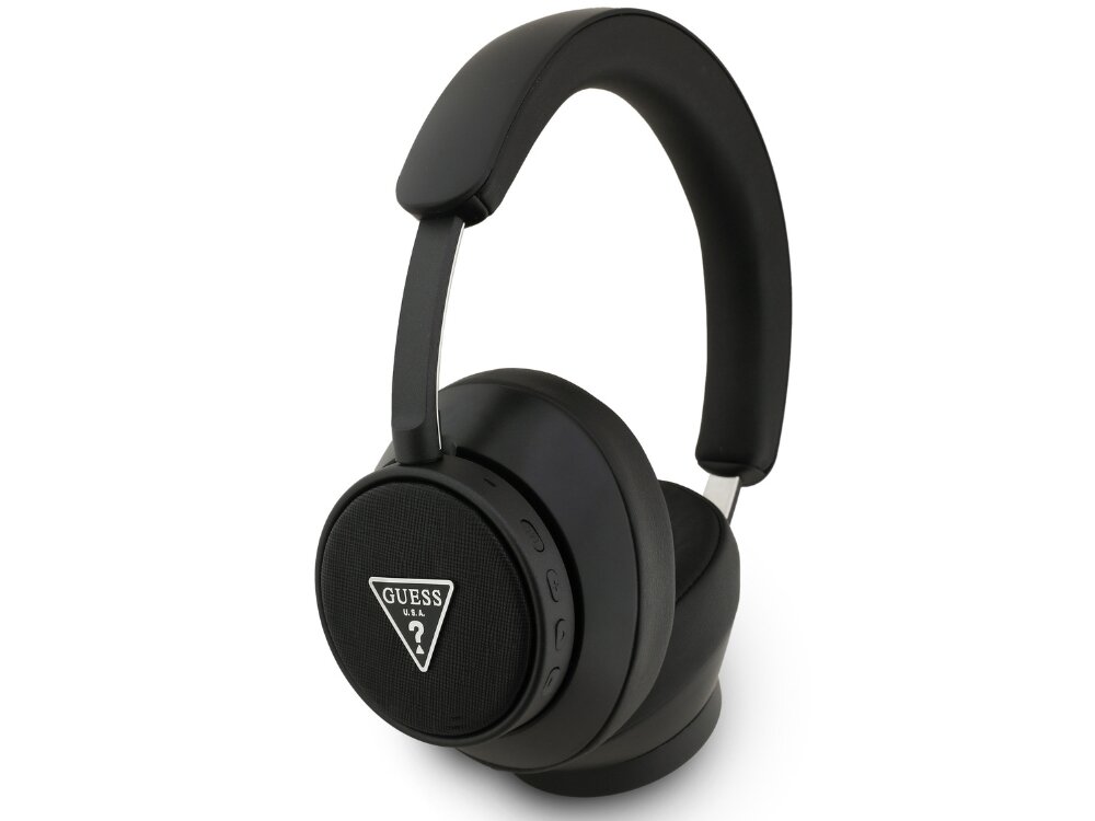 Słuchawki nauszne GUESS Saffiano Triangle Logo, słuchawki na białym tle akcent elegancja funkcjonalny sprzęt audio gustowny element stylizacji