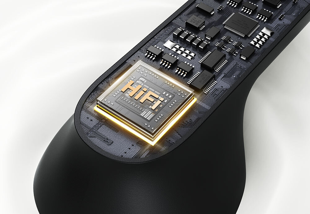 Zbliżenie na przetwornik 13 mm w słuchawkach USAMS Echo E05 TWS, podkreślenie jakości dźwięku i mocnego basu