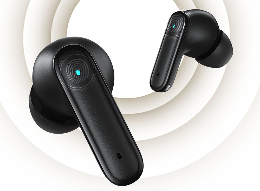 Zbliżenie na panel dotykowy słuchawek USAMS Echo E05 TWS, sterowanie muzyką i połączeniami jednym dotknięciem