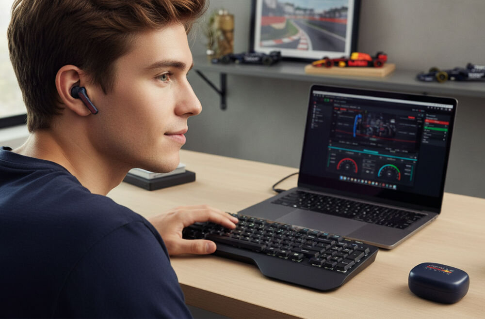Sportowe słuchawki TWS z etui Red Bull Racing, osoba siedząca przed laptopem w słuchawkach