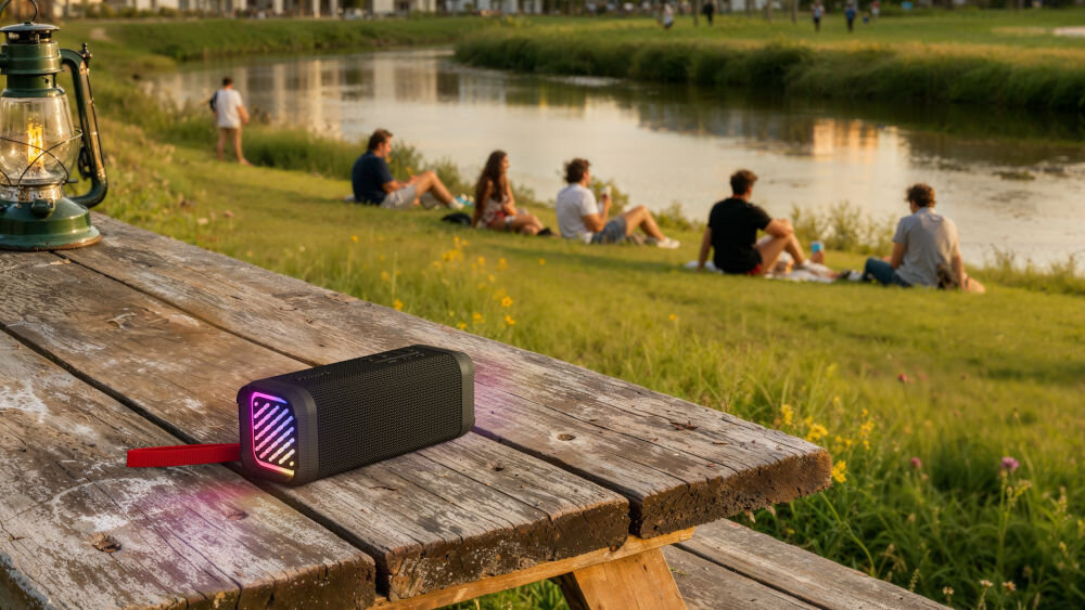 PHILIPS TAS2000B/00 głośnik mobilny moc 20W, efekt świetlny LED RGB, głosnik mobilny leżący na drewnianej ławce w plenerze