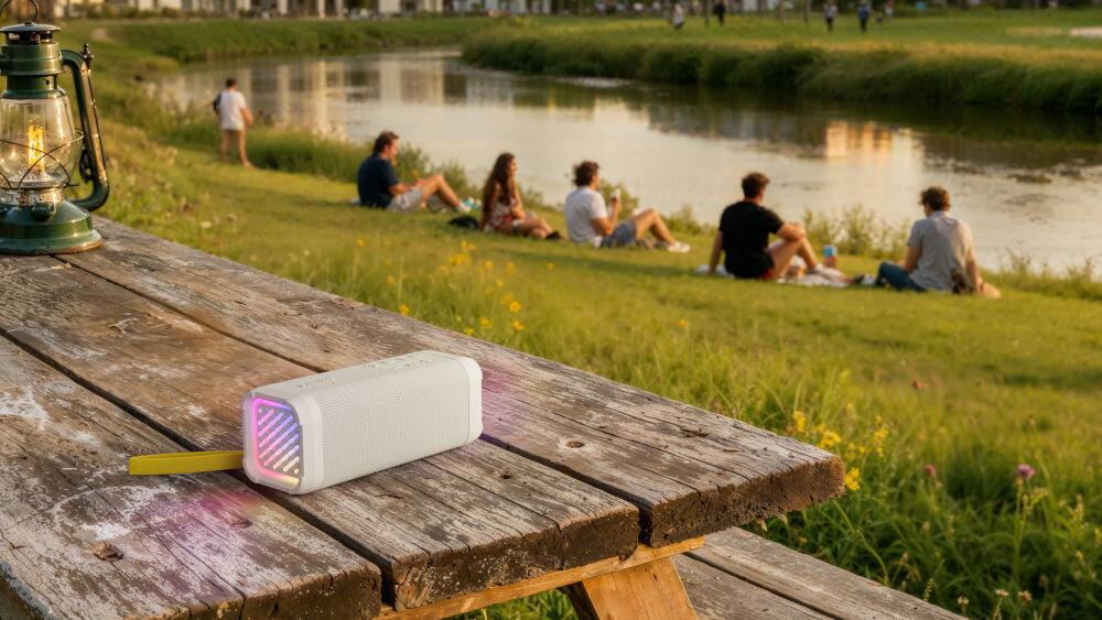 PHILIPS TAS2000W/00 głośnik mobilny moc 20W, efekt świetlny LED RGB, głosnik mobilny leżący na drewnianej ławce w plenerze