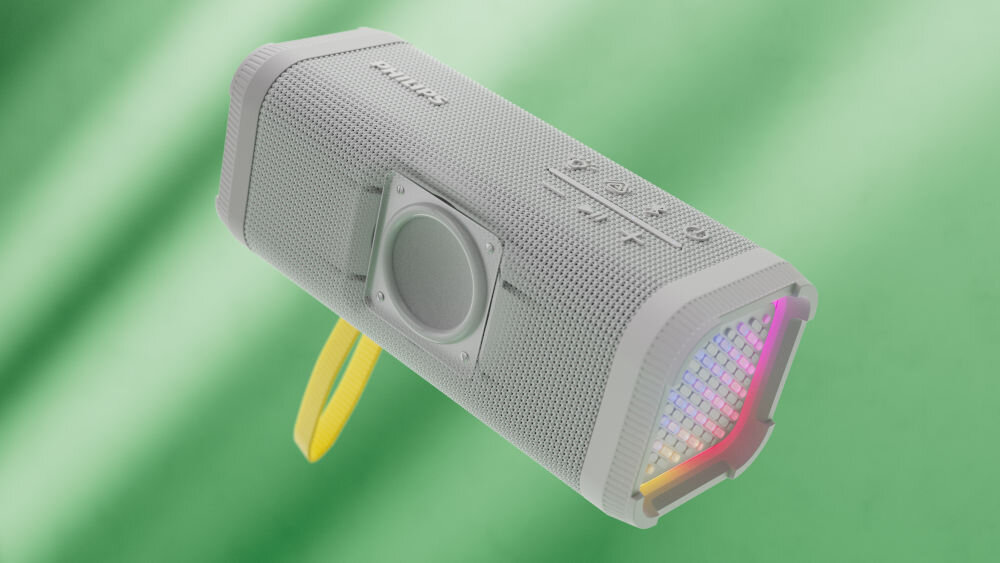 PHILIPS TAS2000W/00 głośnik mobilny Bass+, podwójne membrany, głębokie basy, wbudowany mikrofon, głośnik mobilny po skosie na zielonym tle