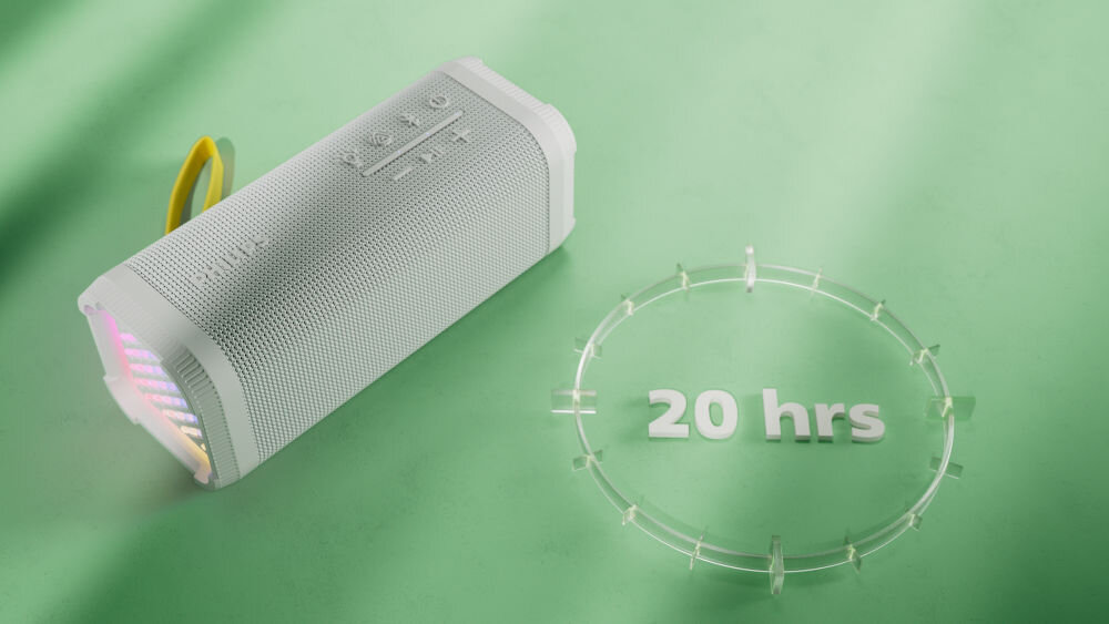 PHILIPS TAS2000W/00 głośnik mobilny IPX5, do 20 godzin odtwarzania, przenośny z paskiem, głośnik mobilny po skosie na zielonym tle