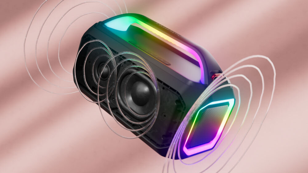 Głośnik PHILIPS TAS7000EB moc 100W Bass+ mikrofon, głośnik po skosie z którego wydobywa się dźwięk