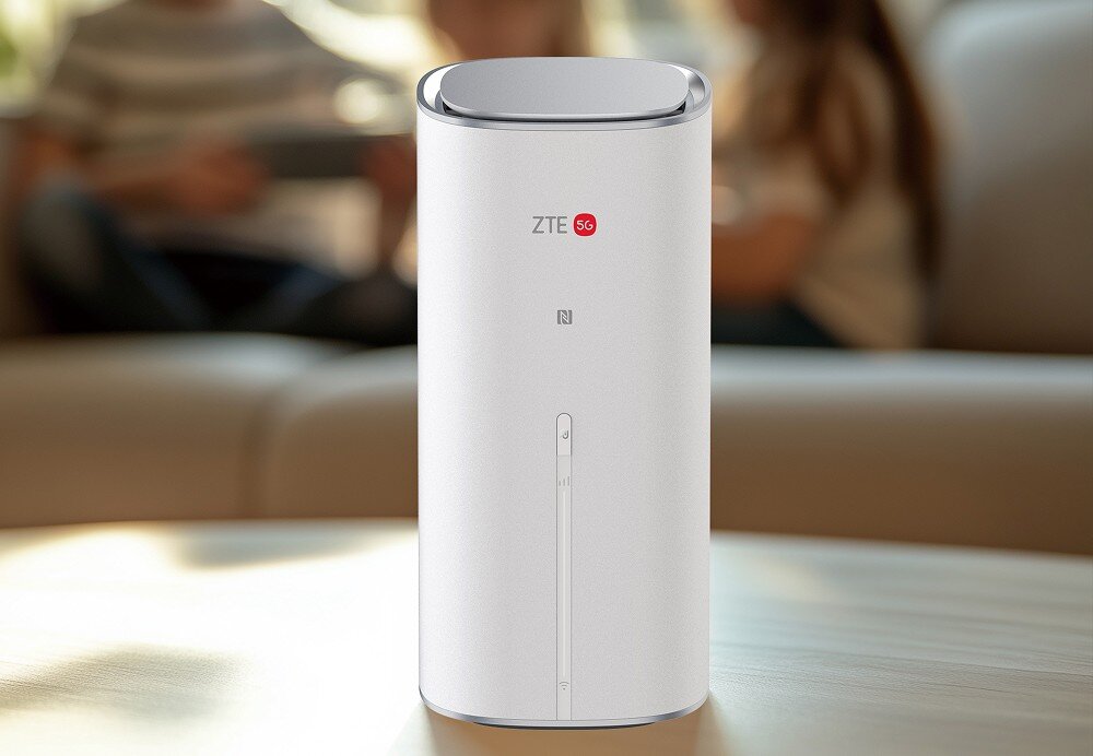 Router ZTE G50 5G Biały, cylindryczny router ZTE G50 5G, ze srebrnym akcentem na górze, stoi na drewnianym stoliku kawowym. Na beżowej sofie w tle, domownicy jednocześnie korzystają z urządzeń mobilnych/tabletów. Scena symbolizuje wspólne, płynne korzystanie z szybkiego Internetu 5G przez wiele osób do rozrywki, nauki i pracy w domu.