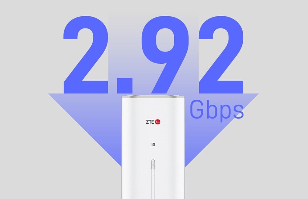 Router ZTE G50 5G Router ZTE G50 z napisem 2.92 Gbps na tle niebieskiego tła. Ilustracja przedstawia urządzenie ZTE G50, symbolizujące maksymalną prędkość pobierania danych 5G wynoszącą 2,92 Gb/s.
