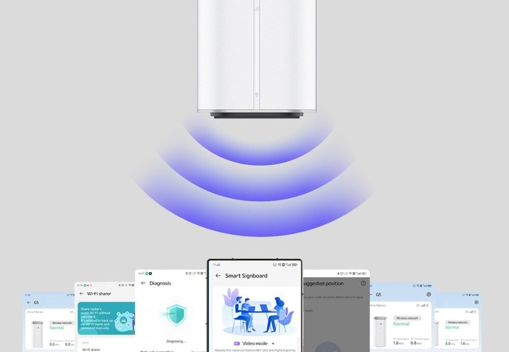 Router ZTE G50 5G Router ZTE G50 z aplikacją mobilną ZTE Smart Life na ekranie telefonu. Ilustracja ukazuje możliwość zarządzania siecią, monitorowania połączeń i ustawień routera przez aplikację ZTE Smart Life.