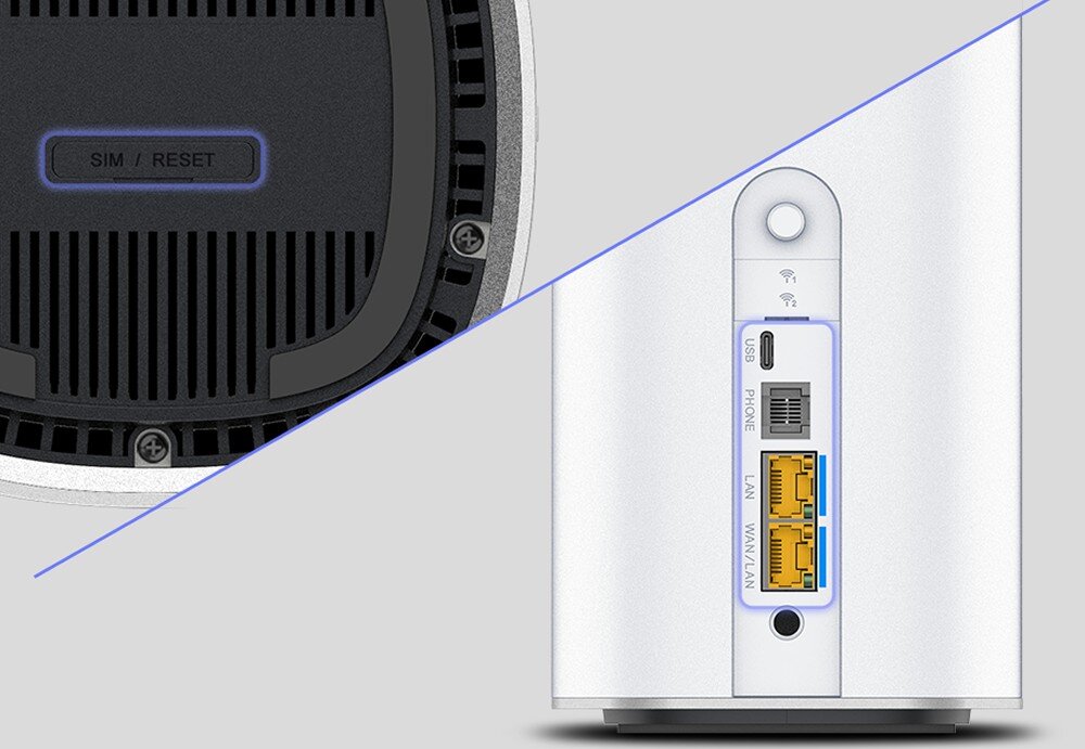 Router ZTE G50 5G ZTE G50 z kartą SIM i kablem sieciowym, widok z tyłu. Obraz przedstawia obsługę zarówno sieci 5G poprzez kartę SIM, jak i tradycyjnego połączenia szerokopasmowego kablowego.