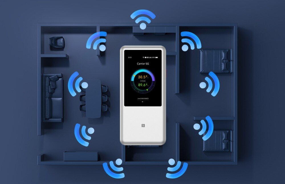 Router ZTE U60 Pro 5G Ciemnoszary, przenośny router ZTE U60 Pro 5G leży na jasnobrązowym, skórzanym siedzeniu samochodowym. Na wyświetlaczu widać wyniki testu prędkości 5G: 89.6 Mb/s (Download) i 30.5 Mb/s (Upload). Obraz przedstawia mobilny hotspot 5G, który dzięki NFC i wysokiej wydajności, jest idealny do zapewnienia szybkiego, bezprzewodowego Internetu w podróży.