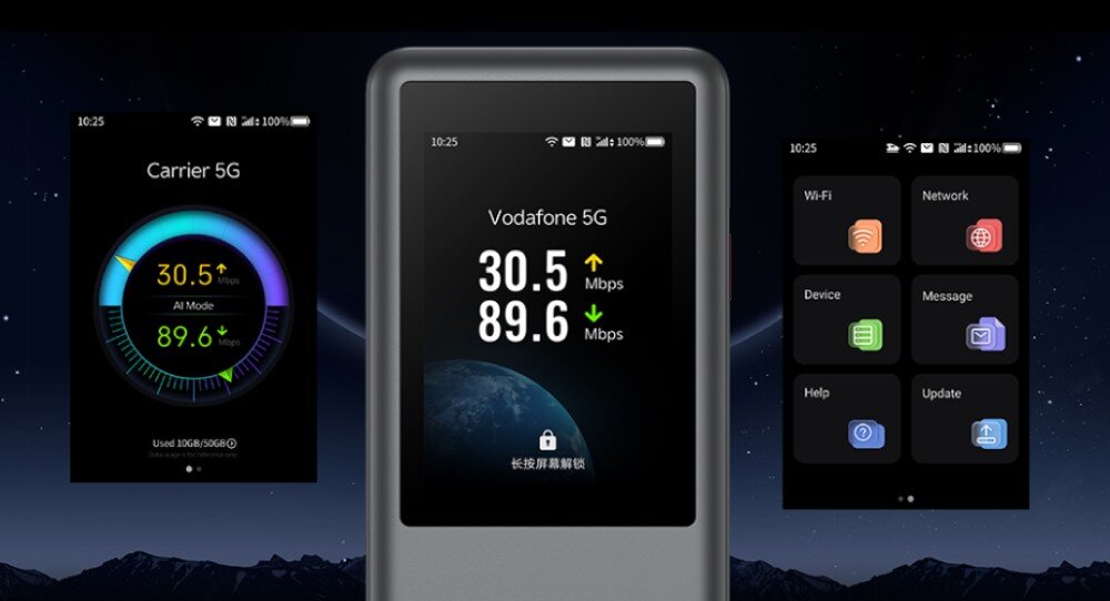 Router ZTE U60 Pro 5G Zbliżenie na ekran dotykowy routera ZTE U60 Pro 5G z wyświetlonymi danymi sieci „Vodafone 5G” i prędkościami 30,5 Mbps oraz 89,6 Mbps, otoczony dodatkowymi ekranami interfejsu pokazującymi panel sterowania Wi-Fi, siecią i urządzeniem.