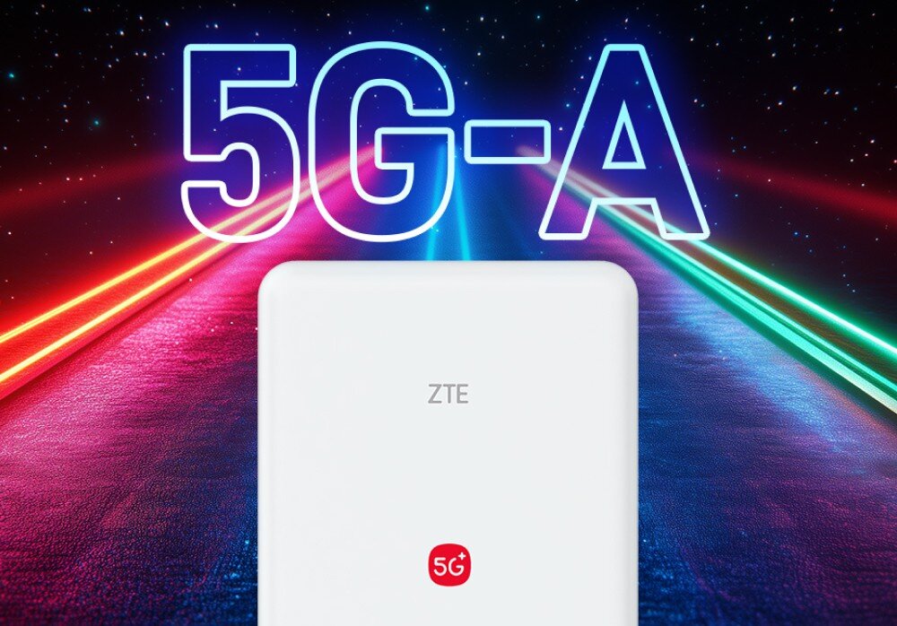 Router ZTE G5 Max Pro Urządzenie ZTE G5 Max WiFi z napisem 5G-A na tle kolorowych promieni symbolizujących prędkość.
          ZTE G5 Max WiFi z napisem 13dBi, przedstawiający zasięg transmisji na długie odległości.