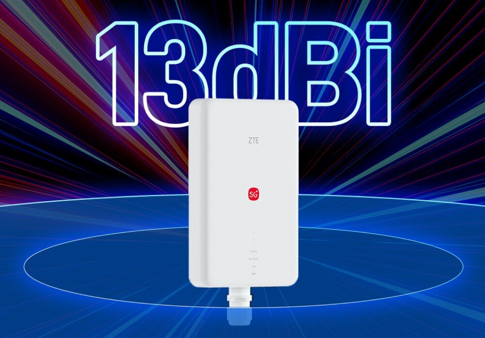 Router ZTE G5 Max Pro ZTE G5 Max WiFi z napisem 13dBi, przedstawiający zasięg transmisji na długie odległości.