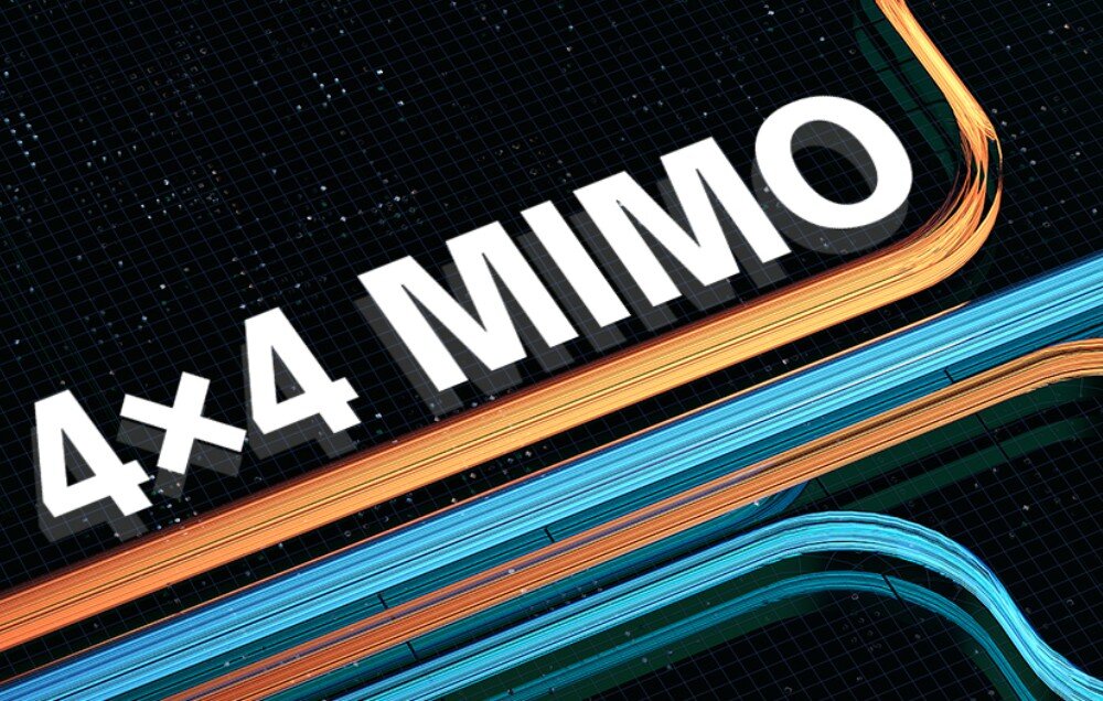 Router ZTE G5 Max Pro Grafika z napisem 4x4 MIMO, przedstawiająca przyspieszone przesyłanie danych.