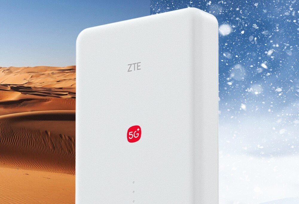 Router ZTE G5 Max Pro ZTE G5 Max WiFi w różnych warunkach pogodowych – śnieg, deszcz i słońce – pokazujący odporność obudowy.