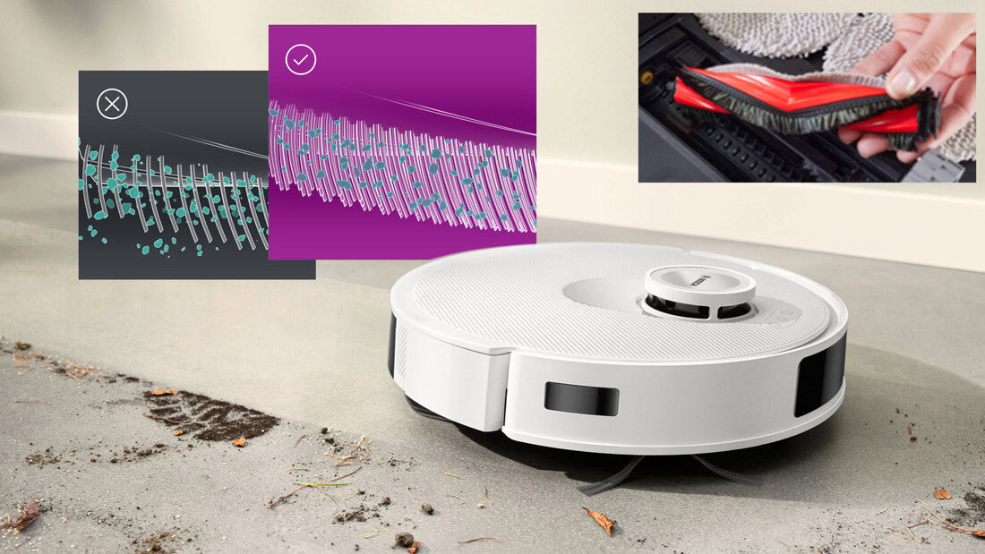 Robot sprzątający BOSCH BCRD2W Koniec z brudem Szczotka Carbon Power Brush cienkie, gęsto rozmieszczone włosie z drobnymi cząsteczkami brudu, warstwą kurzu, dywanem czy drewnianą podłogą