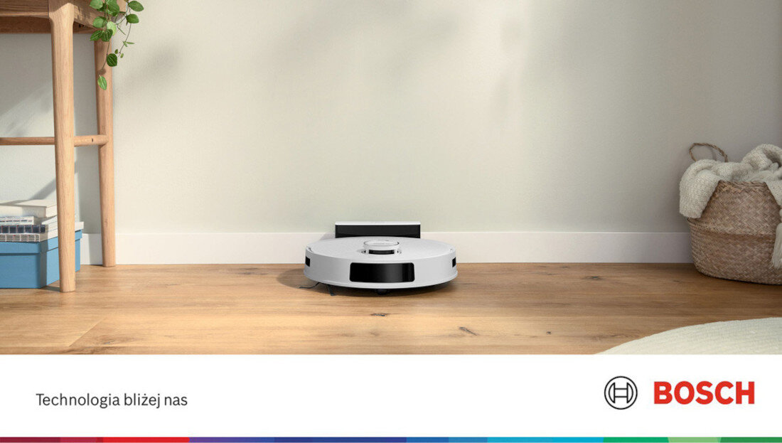 Robot sprzątający BOSCH BCRC2W wygląd design tło prezentacja wizualizacja Kompleksowe czyszczenie podłóg