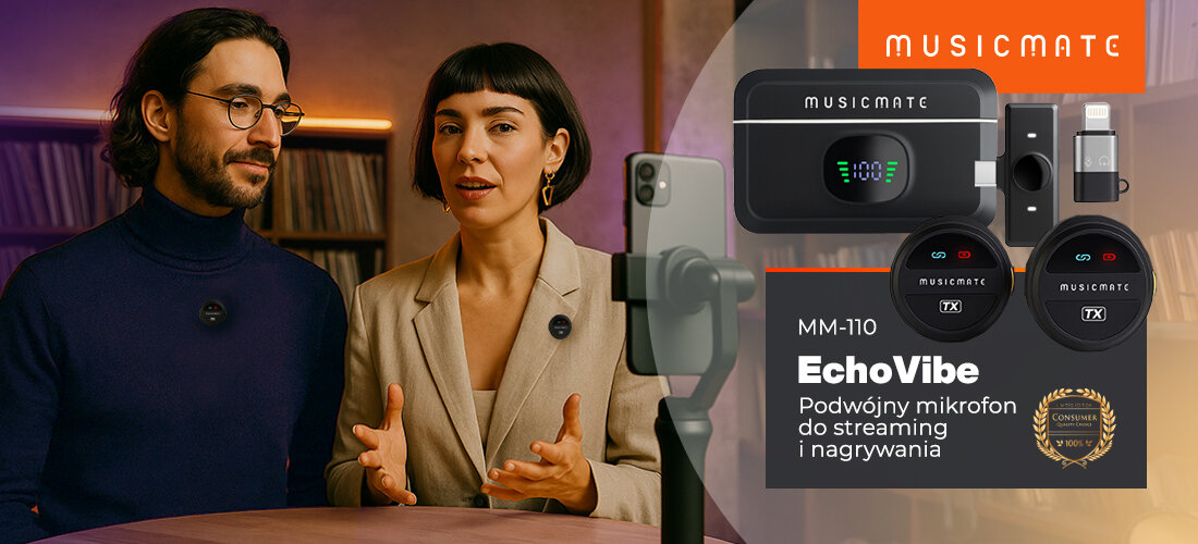 Mikrofon MUSICMATE EchoVibe MM-110 wzmocnienie głosu mobilne nagrywanie, osoby przeprowadzające wywiad, siedzące przed stolikiem