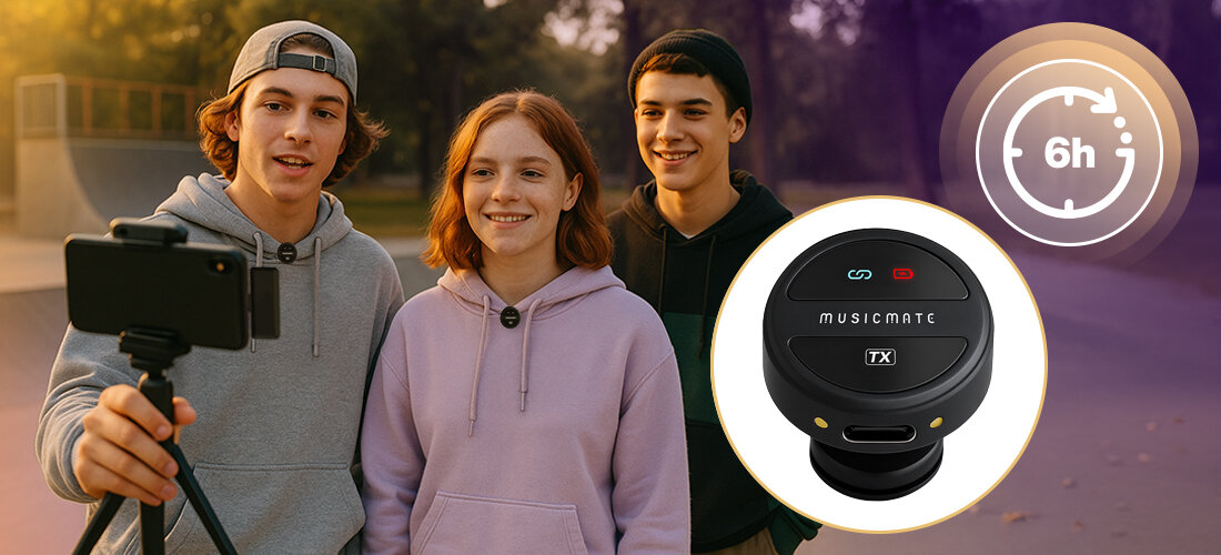 Mikrofon MUSICMATE EchoVibe MM-110 transmisja 2.4 GHz nagrywanie bezprzewodowe, młodzież z przyczepionymi mikrofonami do bluzy