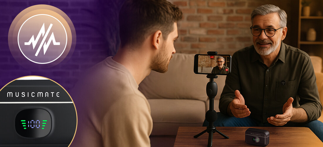 Mikrofon MUSICMATE EchoVibe MM-110 redukcja szumów czułość -38 dB pasmo 20 Hz 20 kHz, osoby przeprowadzające wywiad w pomieszczeniu