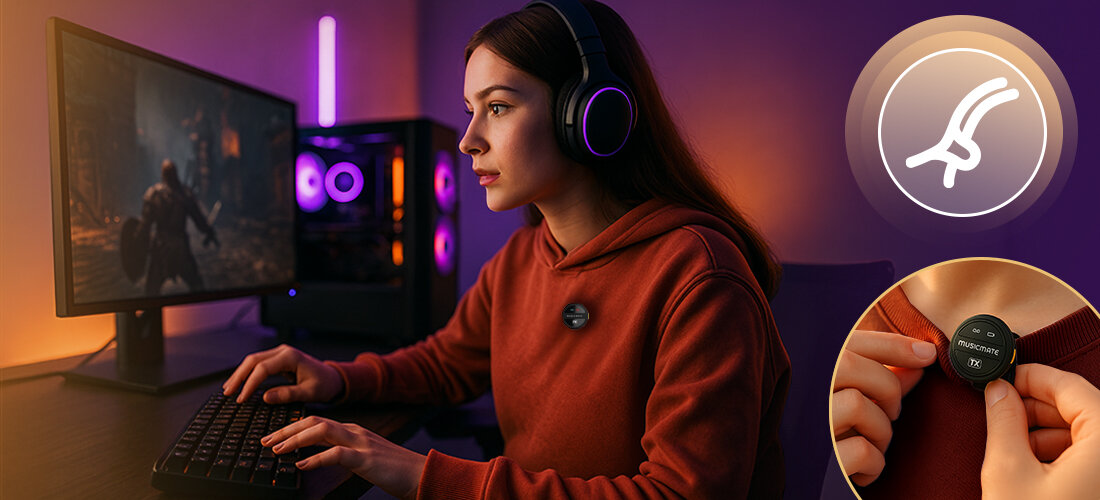 Mikrofon MUSICMATE EchoVibe MM-110 magnetyczny klips etui ładujące USB-C Lightning, osoba z założonymi słuchawkami nausznymi grająca w grę na komputerze