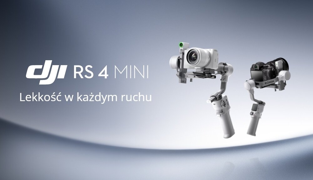 Na obrazie widoczne są dwa gimbale z zamontowanymi aparatami fotograficznymi na tle gradientu. Po lewej stronie znajduje się tekst: \'DJI RS 4 MINI Lekkość w każdym ruchu\'.