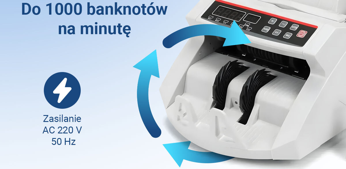 Liczarka nominałowa do banknotów EXTRALINK UV MGF Biały, funkcje, bezpieczeństwa, autentyczności, detekcja, fałszywki, na niebiesko białym tle liczarka z opisem do 10000 banknotów na minutę