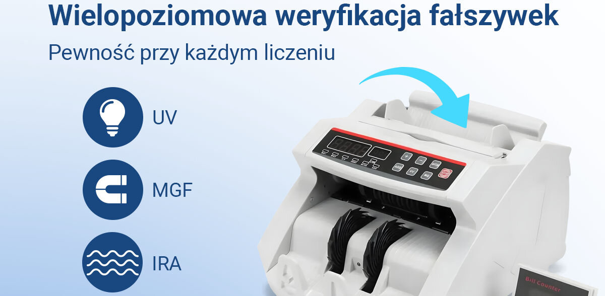Liczarka nominałowa do banknotów EXTRALINK UV MGF Biały, technologie, MGF, UV, IRA, na niebiesko białym tle liczarka z logotypami IRA, UV, MGF