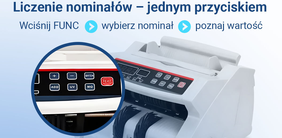 Liczarka nominałowa do banknotów EXTRALINK UV MGF Biały, zliczenie, nominały, FUNC, wartość, na biało niebieskim tle liczarka i zbliżenie na panel liczarki z opcją FUNC