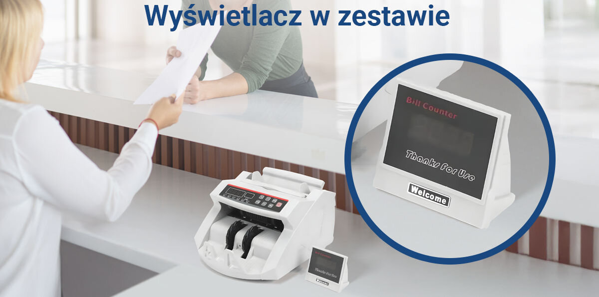 Liczarka nominałowa do banknotów EXTRALINK UV MGF Biały, wyświetlacz, zewnętrzny, wygodne, śledzenie, klient, komfort, liczarka z wyświetlaczem zewnętrznym stoi za ladą banku, w tle klient z obsługą banku