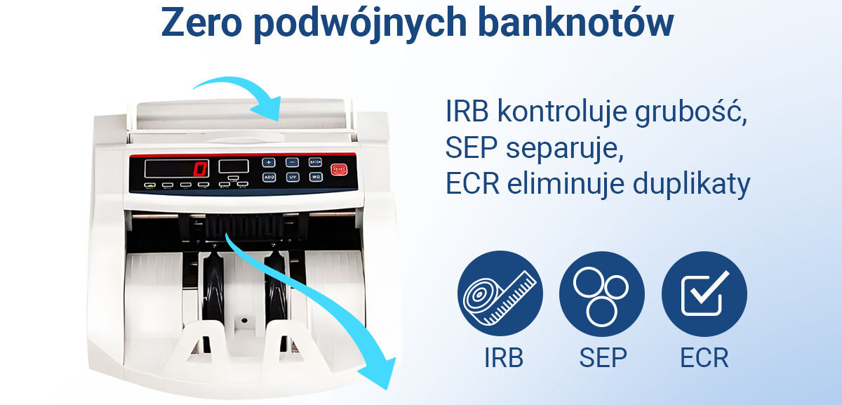 Liczarka nominałowa do banknotów EXTRALINK UV MGF Biały, mechaniczne, SEP, ECR, ryzyko, eleminowanie, na biało niebieskim tle liczarka z opisem zero podwójnych banknotów