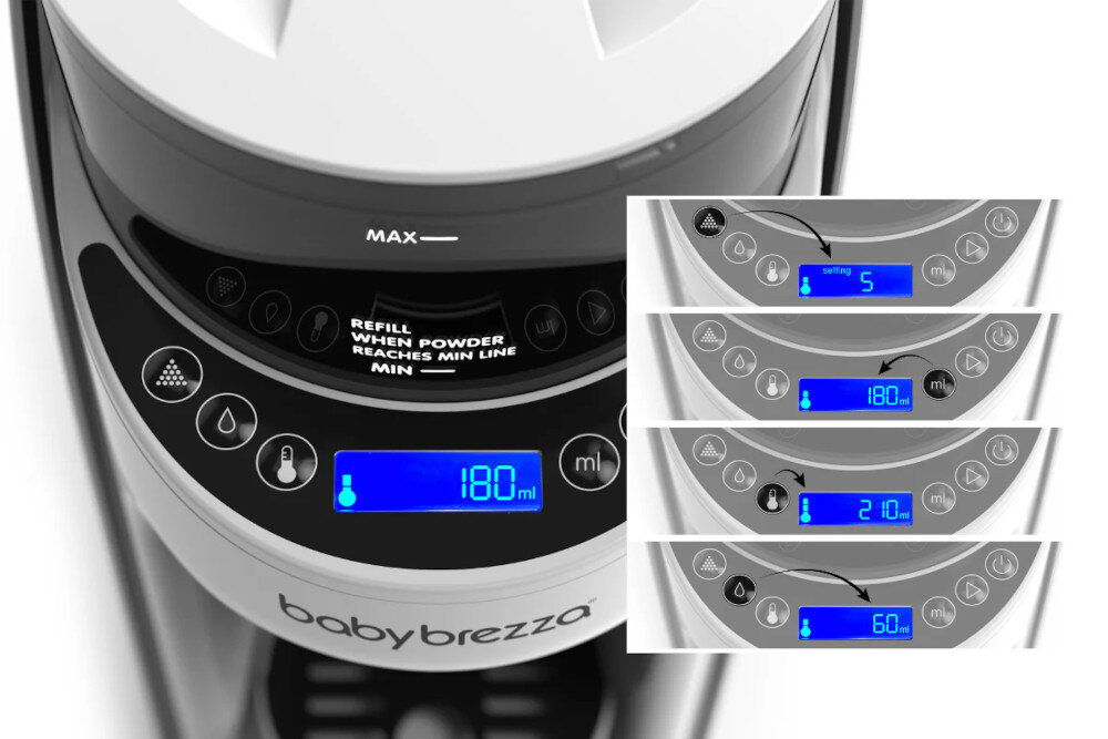 Ekspres do mleka BABY BREZZA Formula Pro Advanced All White Łatwe użytkowanie odpowiednie ustawienie wybrać temperaturę ilość mleka przycisk start dozowanie