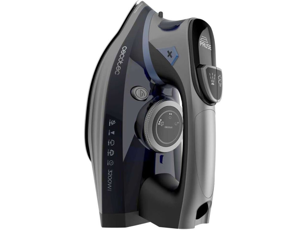 Żelazko CECOTEC IronHero 3200 Smart Absolute żelazko stoi w pionie ciemna obudowa przyciski pokrętło białe tło  automatyczna pompa wodna emitacja ciągłej pary skuteczne usuwanie nawet uporczywych zagnieceń łatwa obsługa prawdziwa przyjemność codziennej pielęgnacji praktyczne rozwiązanie efektywność komfort optymalne rezultaty prasowania