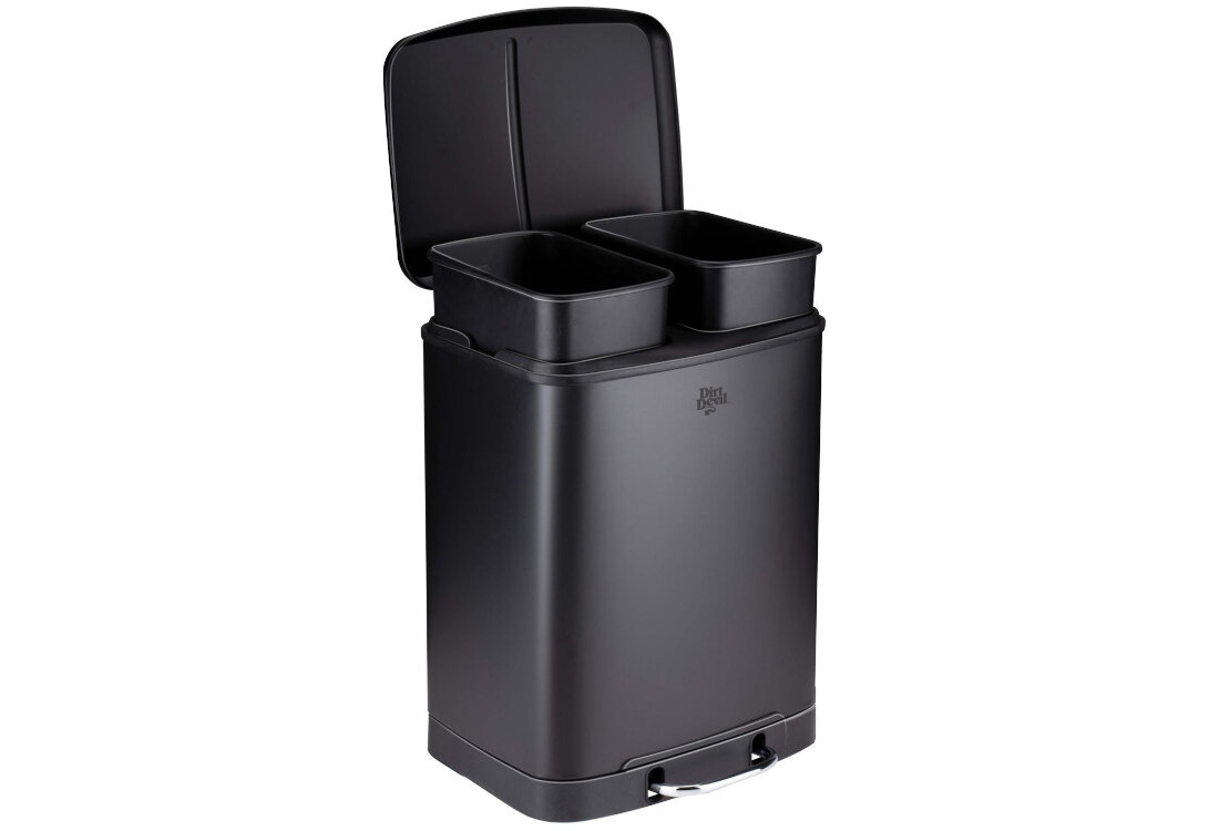 Kosz na śmieci z pedałem DIRT DEVIL E9507 dwa pojemniki, ciche zamykanie 24L Czarny Wysoka jakość stal nierdzewna czarny kolor kolorystyka dwa wyjmowane pojemniki pojemność łatwe sortowanie odpadów wygodne opróżnianie Przycisk nożny bezdotykowe otwieranie wygoda higiena