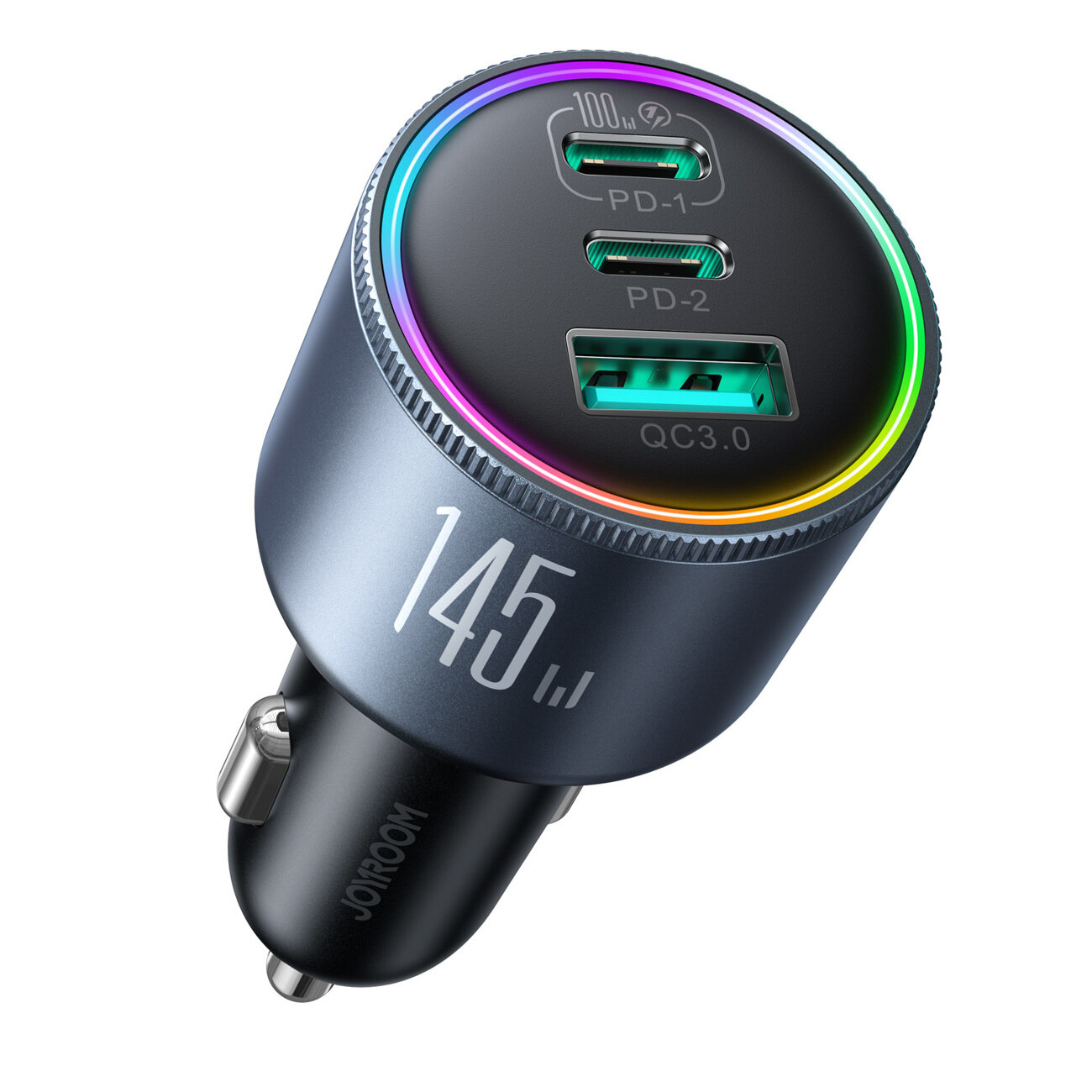 Ładowarka samochodowa z trzema portami: dwoma USB-C oznaczonymi jako PD-1 i PD-2 oraz jednym USB-A oznaczonym jako QC 3.0. Na obudowie widoczny jest napis \'145W\' oraz kolorowy pierścień świetlny wokół portów.