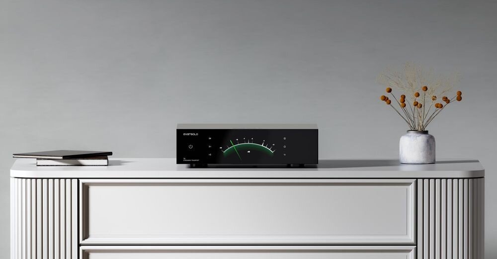 EVERSOLO T8 Ethernet WiFi 6 SFP światłowód stabilna sieć audio streaming, urządzenie stojące na komodzie w pomieszczeniu