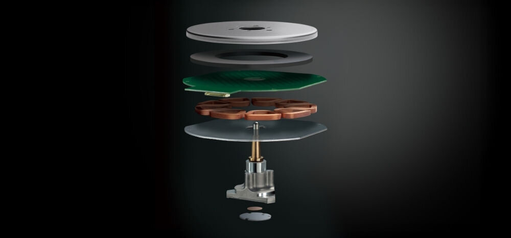 Gramofon TECHNICS SL-40CBTE-H bezpośredni napęd precyzyjne obroty dziedzictwo Technics, budowa napędu oraz talerza na czarnym tle