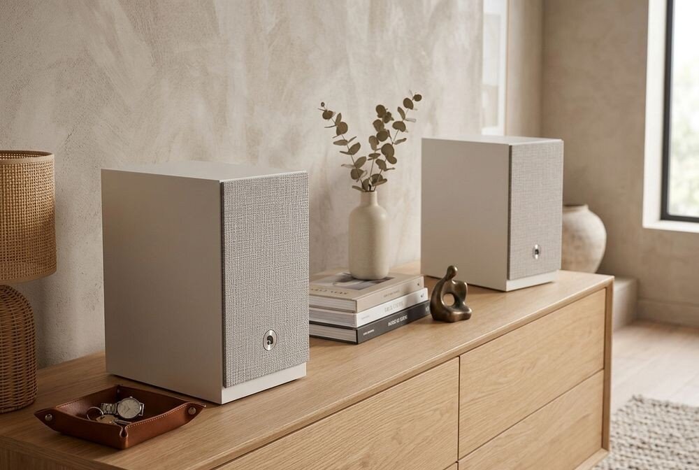 AUDIO PRO A28 W kolumny stereo szeroka scena dźwiękowa do telewizora i muzyki, kolumny głośnikowe stojące na komodzie w pomieszczeniu